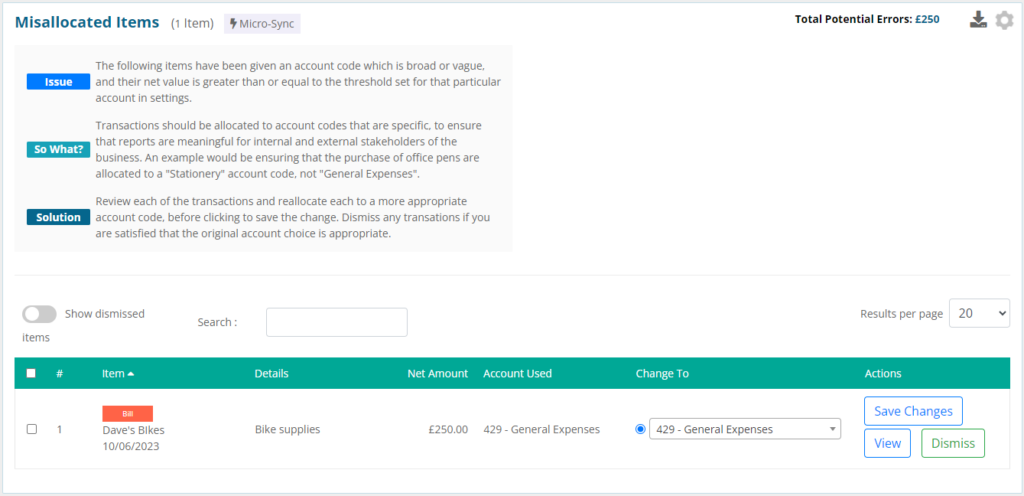 Screenshot of Xenon Connect's "Misallocated Items" bookkeeping data check page.