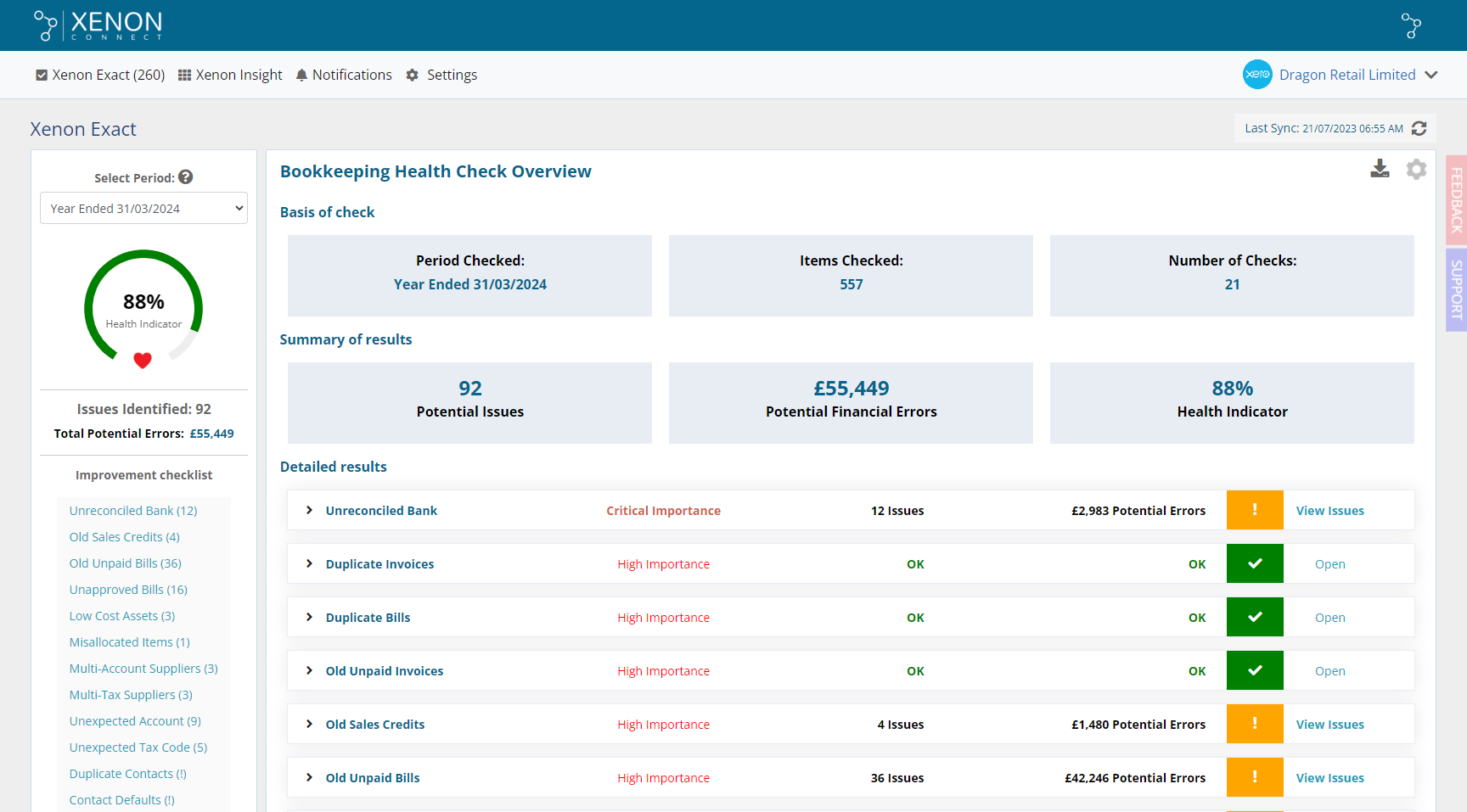 Screenshot of Xenon Connect Bookkeeping Health Check Page