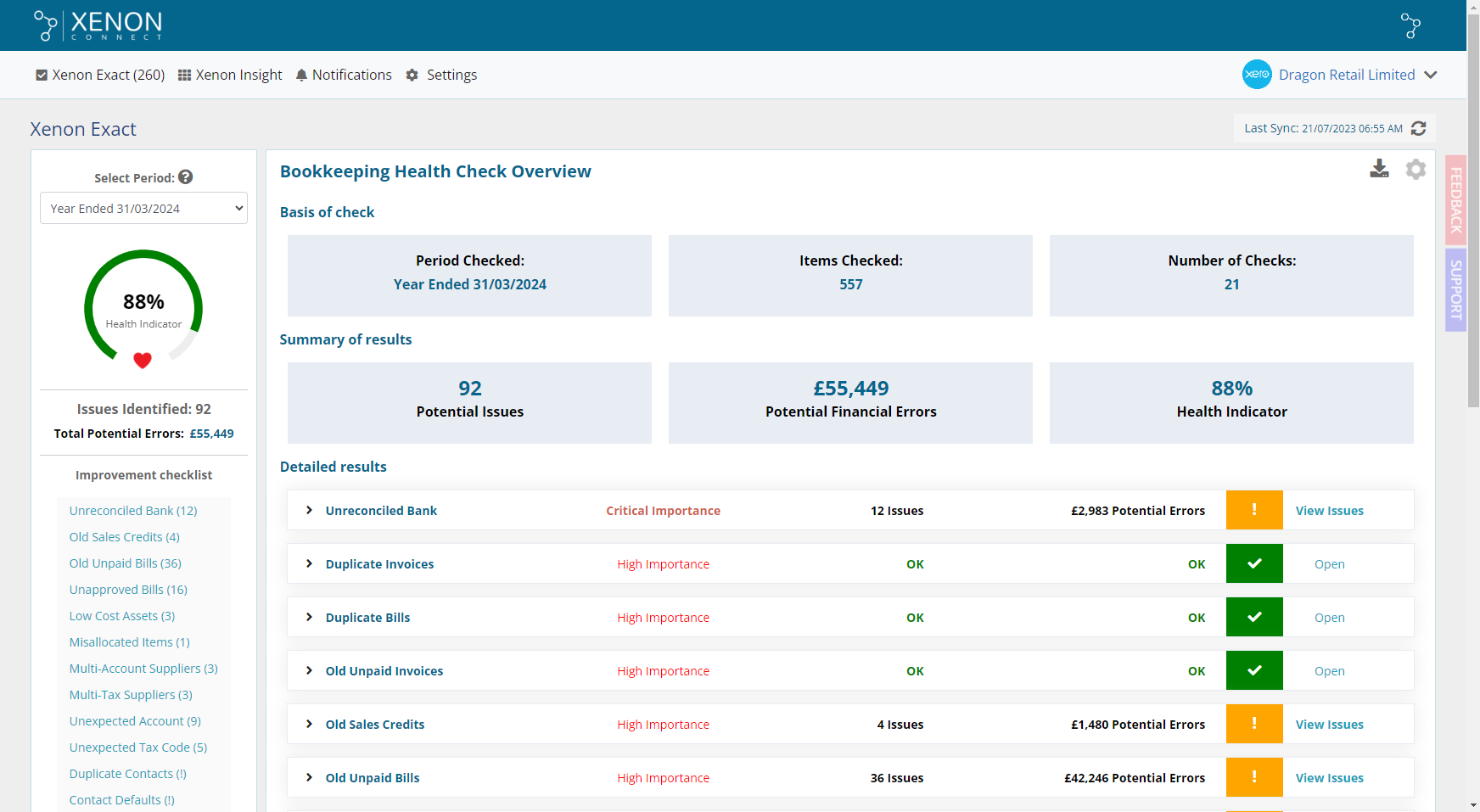 Screenshot of Xenon Connect Bookkeeping Health Check Page